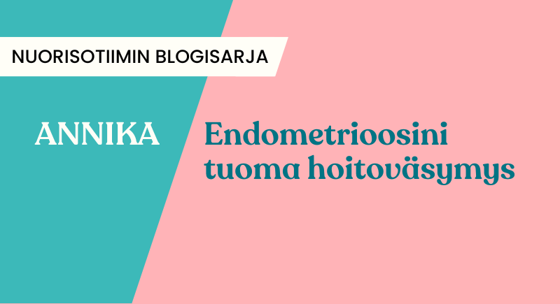 Vinosti kahtia jakautuva väritausta, jonka toinen puoli turkoosi ja toinen vaaleanpunainen. Teksti: "Nuorisotiimin blogisarja. Annika. Endometrioosini tuoma hoitoväsymys".